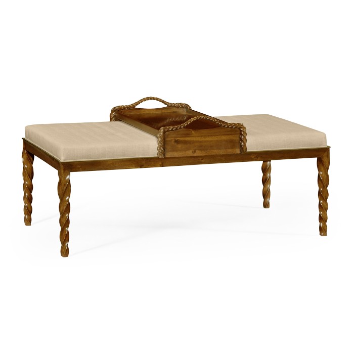 Cocktail Ottoman with Tray Table and Walnut Barleytwist Legs, Upholstered in MAZO