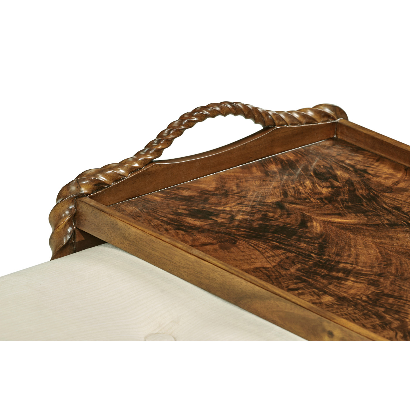 Cocktail Ottoman with Tray Table and Walnut Barleytwist Legs, Upholstered in COM