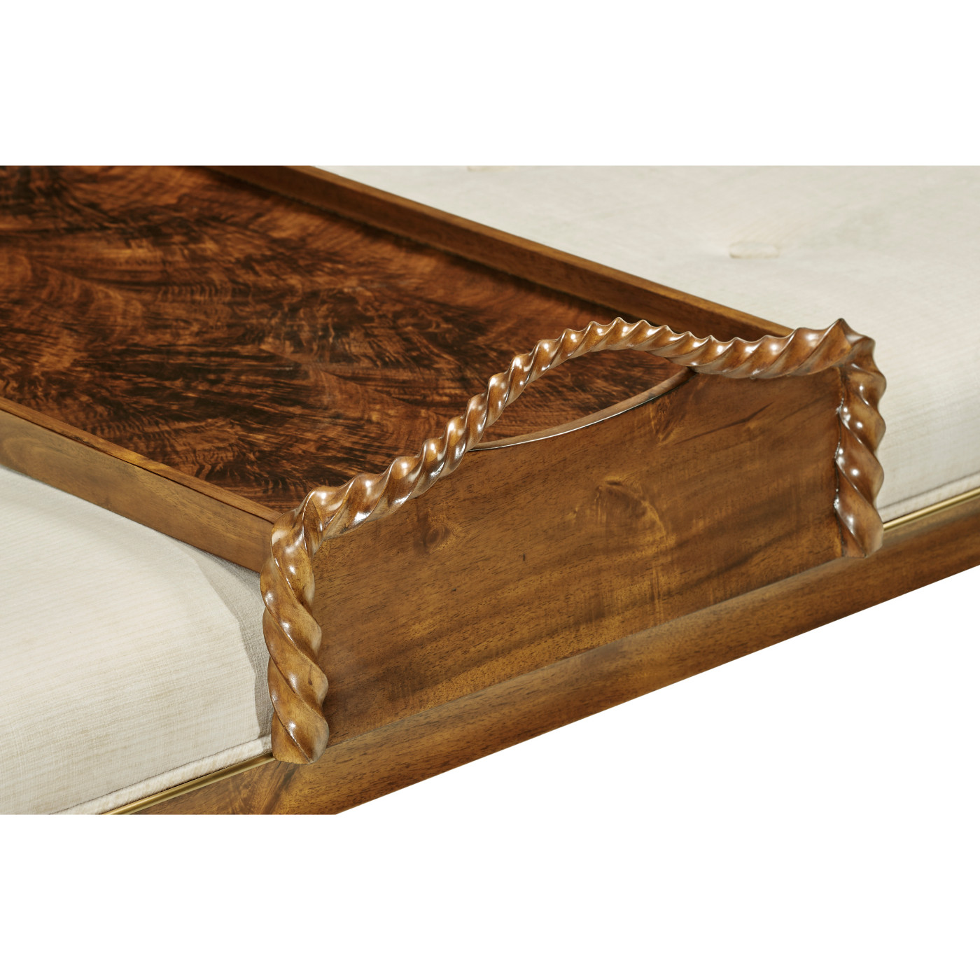 Cocktail Ottoman with Tray Table and Walnut Barleytwist Legs, Upholstered in COM