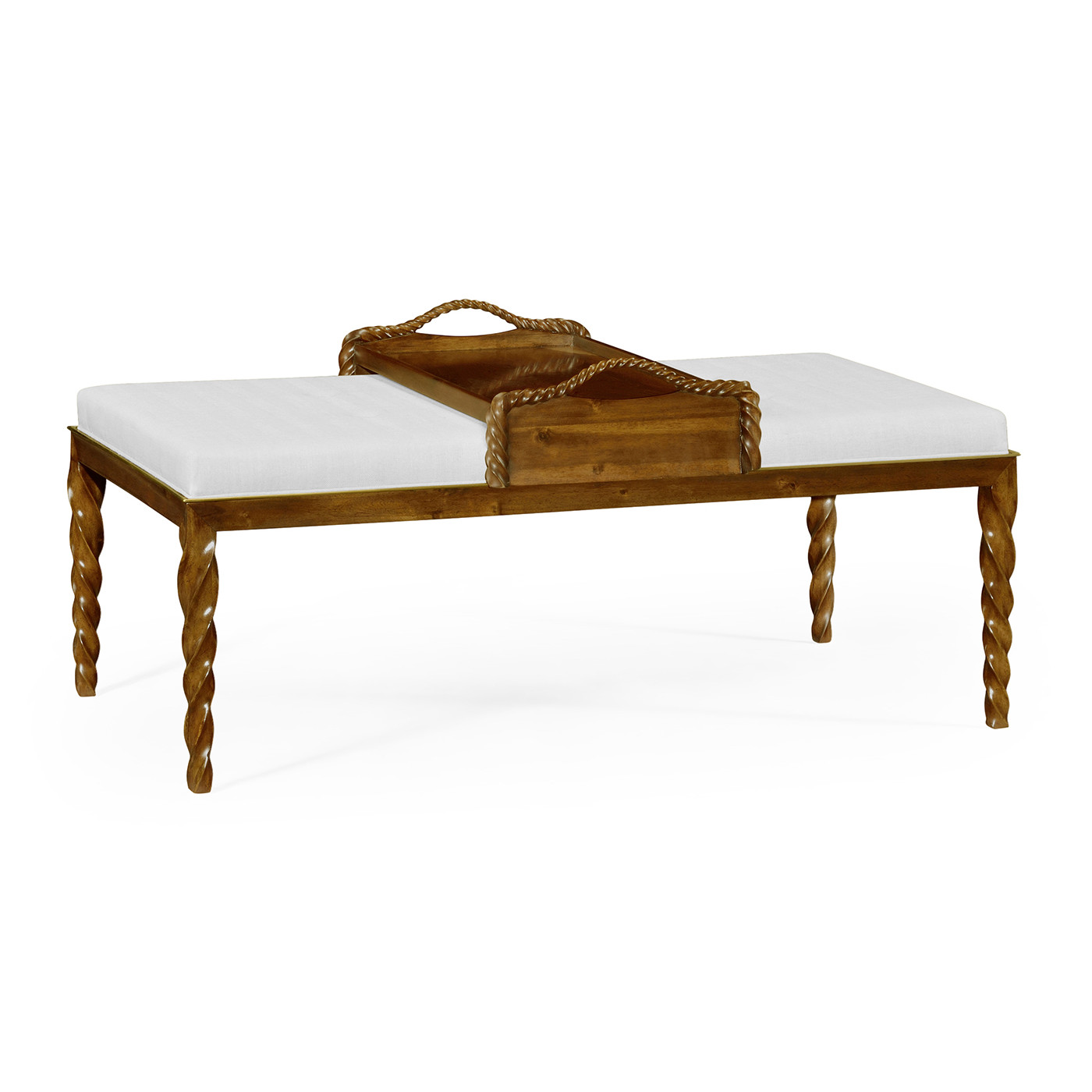 Cocktail Ottoman with Tray Table and Walnut Barleytwist Legs, Upholstered in COM