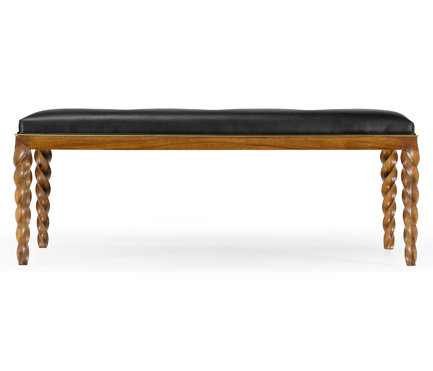 Cocktail Ottoman with Tray Table and Walnut Barleytwist Legs, Upholstered in Black Leather