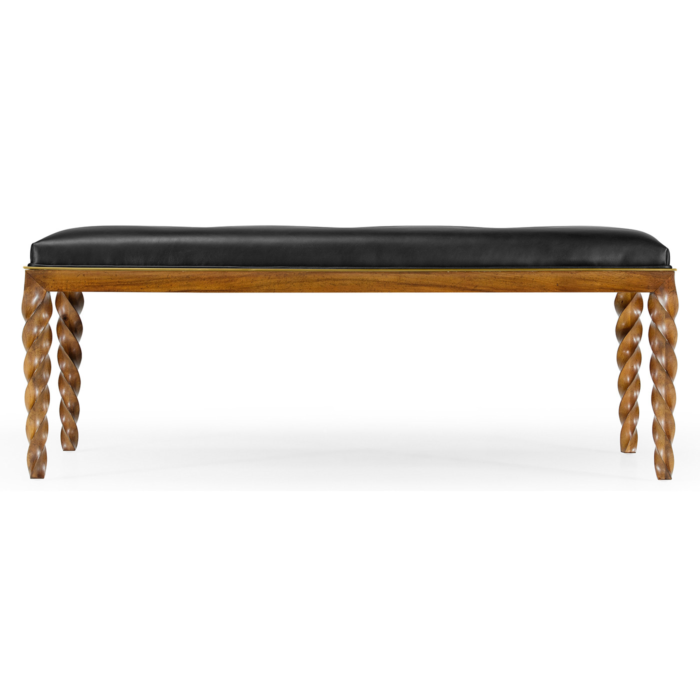 Cocktail Ottoman with Tray Table and Walnut Barleytwist Legs, Upholstered in Black Leather