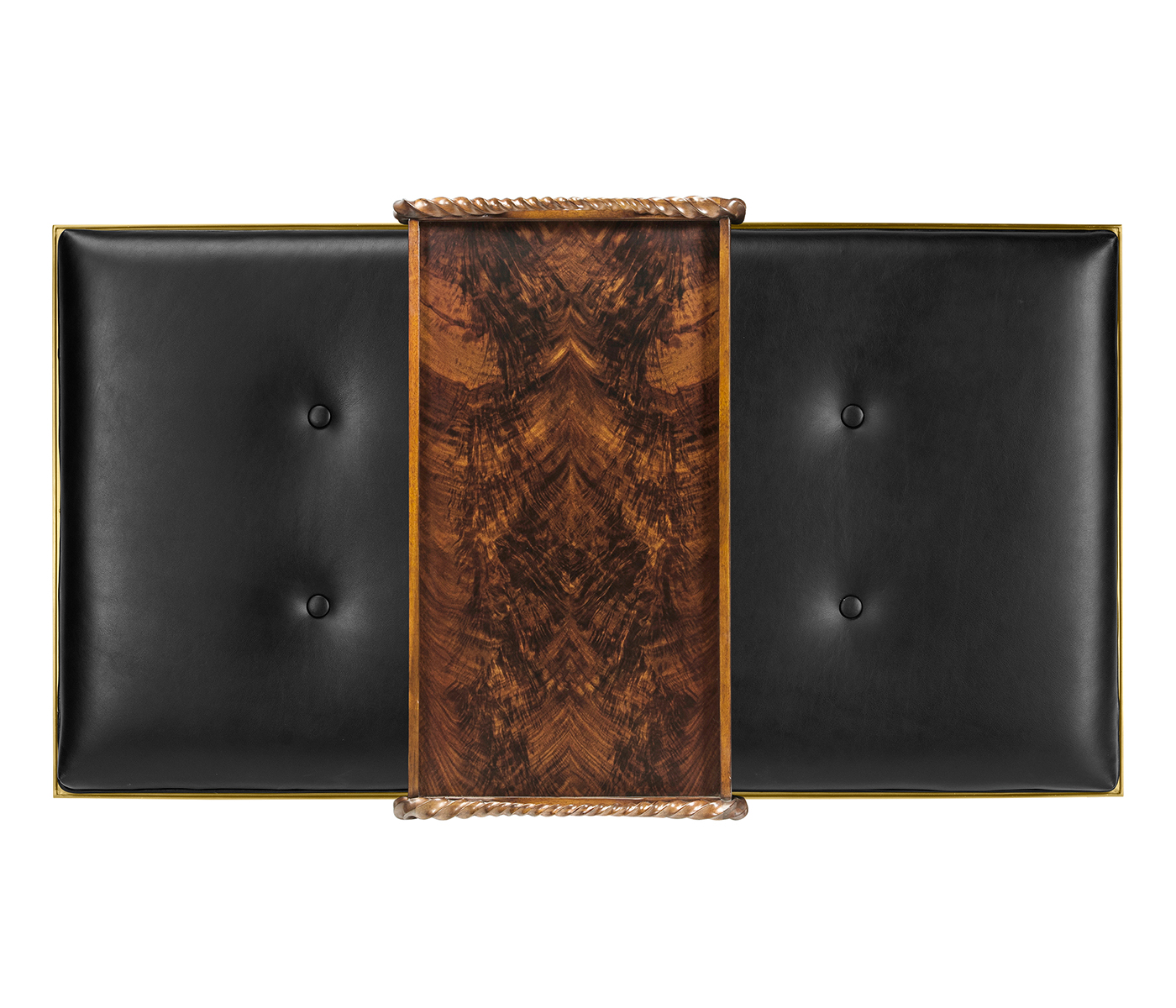 Cocktail Ottoman with Tray Table and Walnut Barleytwist Legs, Upholstered in Black Leather