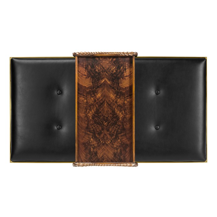 Cocktail Ottoman with Tray Table and Walnut Barleytwist Legs, Upholstered in Black Leather