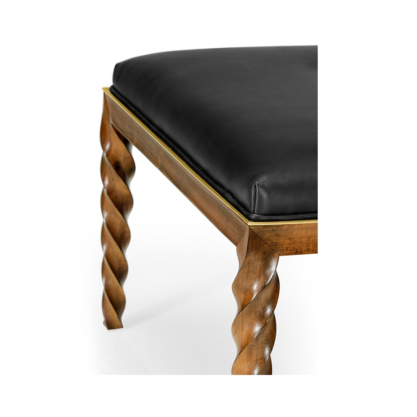 Cocktail Ottoman with Tray Table and Walnut Barleytwist Legs, Upholstered in Black Leather