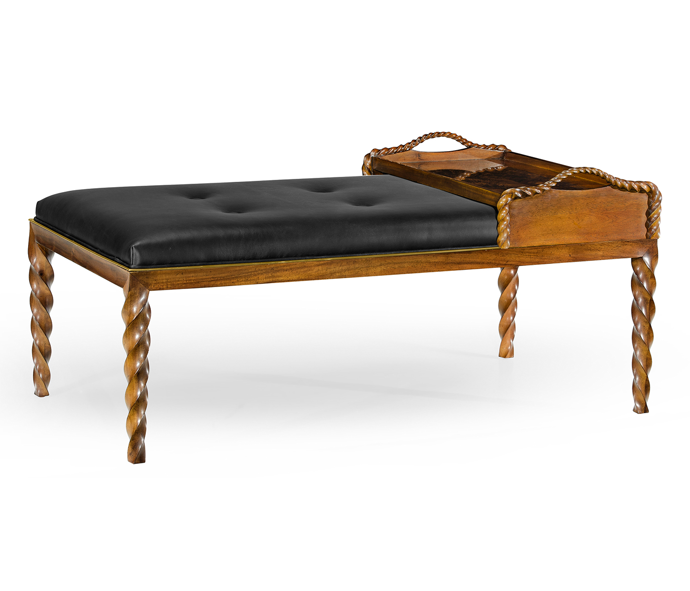 Cocktail Ottoman with Tray Table and Walnut Barleytwist Legs, Upholstered in Black Leather