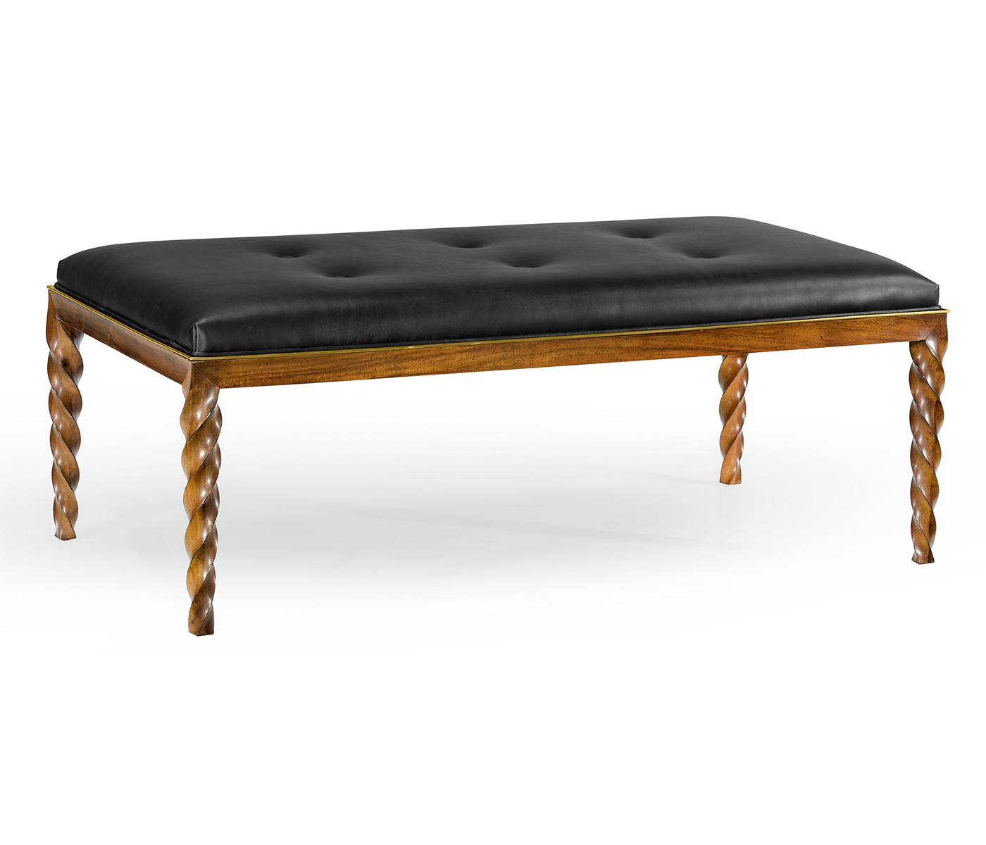 Cocktail Ottoman with Tray Table and Walnut Barleytwist Legs, Upholstered in Black Leather