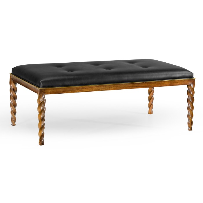 Cocktail Ottoman with Tray Table and Walnut Barleytwist Legs, Upholstered in Black Leather