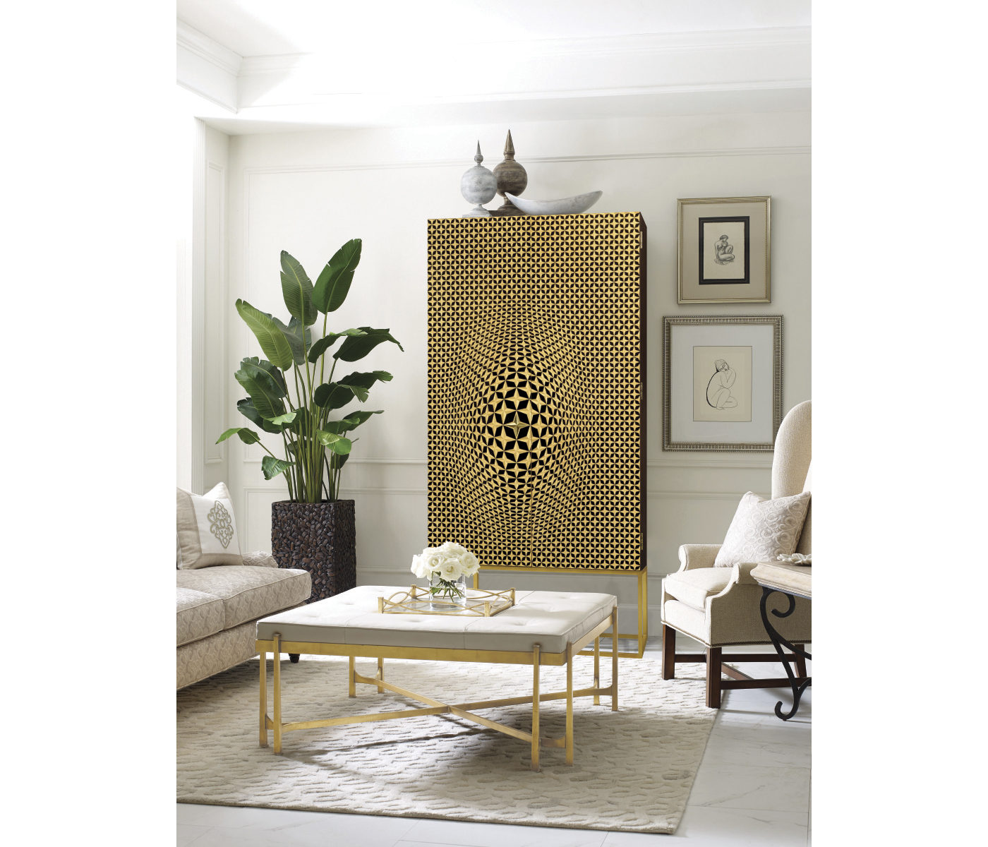 Églomisé and Gilded Iron Cocktail Ottoman