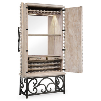 Limed Wood Wine Cabinet with Wrought Iron Base