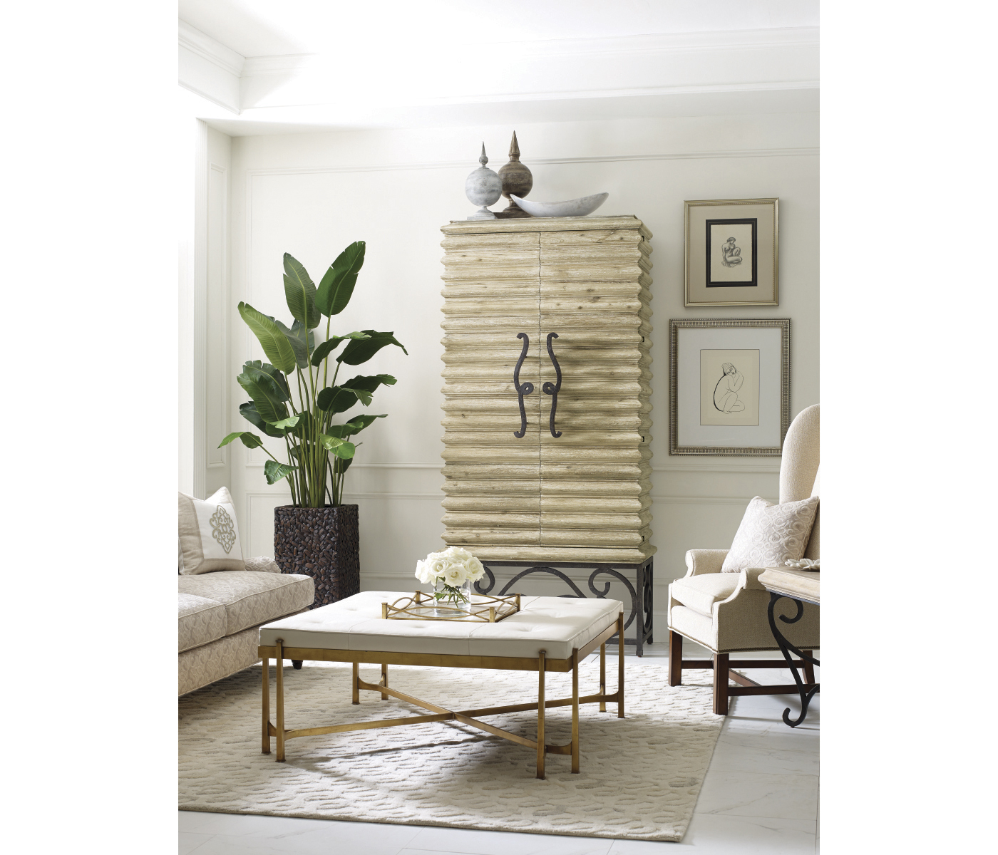 Limed Wood Wine Cabinet with Wrought Iron Base