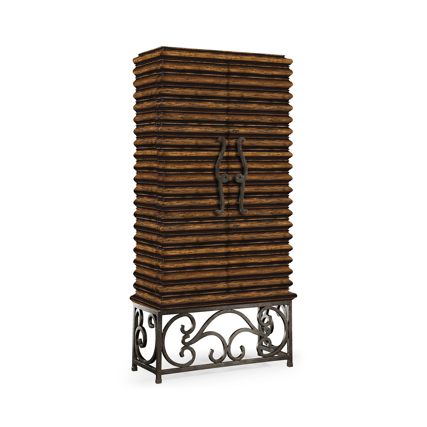 Rustic Walnut Wine Cabinet with Wrought Iron Base