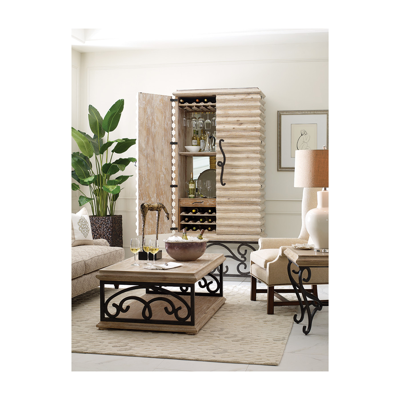 Rustic Walnut Wine Cabinet with Wrought Iron Base