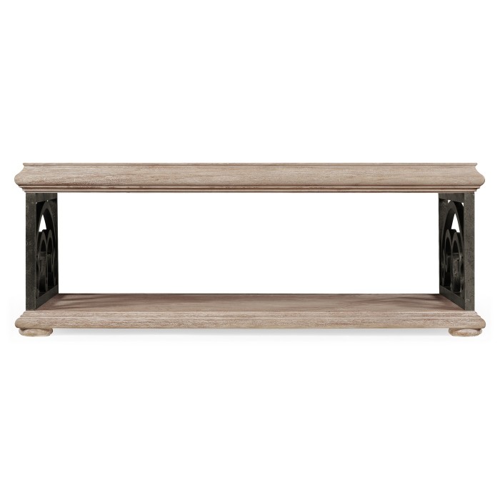 Limed Wood Coffee Table with Wrought Iron Base