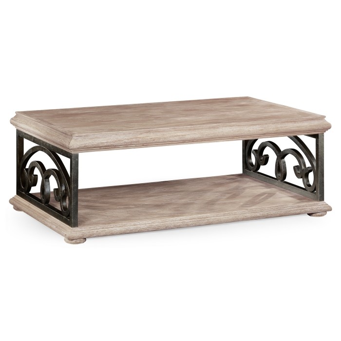 Limed Wood Coffee Table with Wrought Iron Base