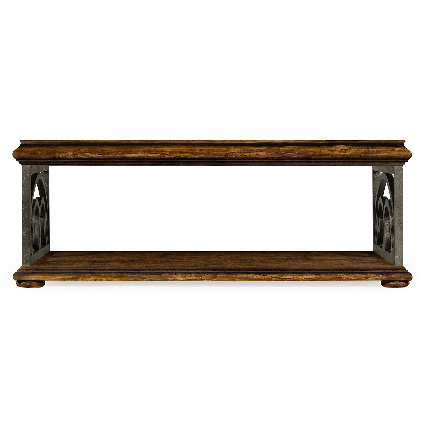 Rustic Walnut Coffee Table with Wrought Iron Base