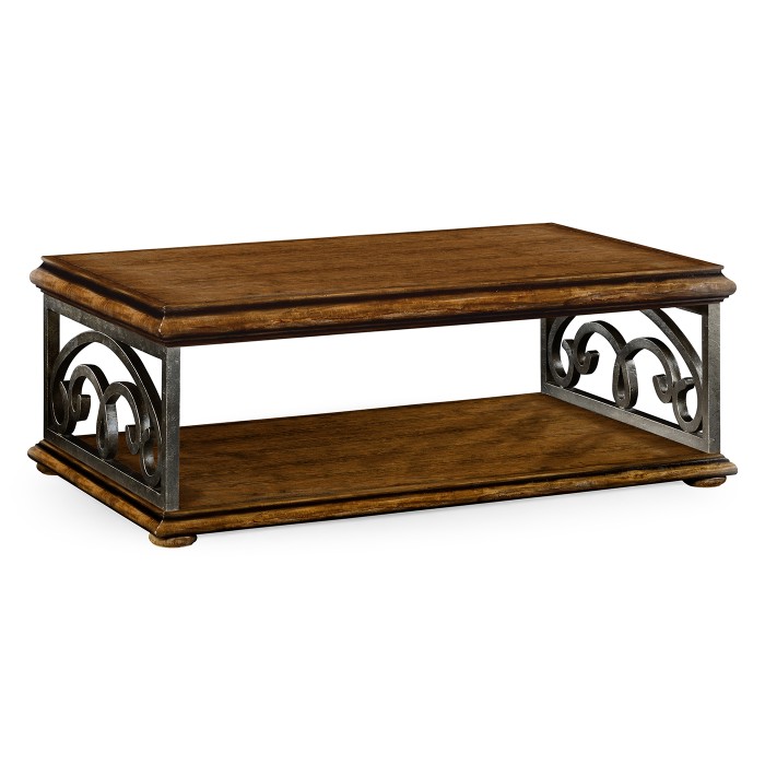 Rustic Walnut Coffee Table with Wrought Iron Base