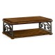 Rustic Walnut Coffee Table with Wrought Iron Base