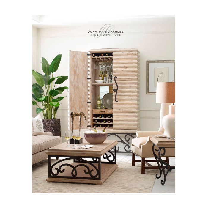 Limed Wood Coffee Table with Wrought Iron Base