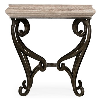 Limed Wood Square Side Table with Wrought Iron Base