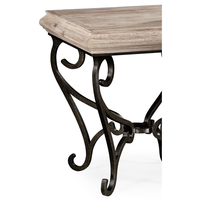 Limed Wood Square Side Table with Wrought Iron Base