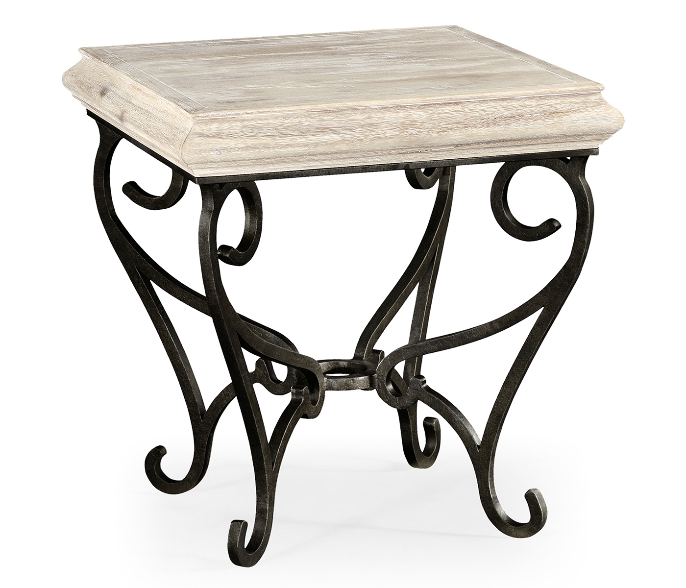 Limed Wood Square Side Table with Wrought Iron Base