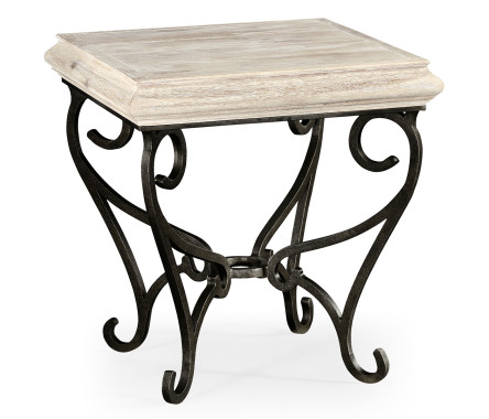 Limed Wood Square Side Table with Wrought Iron Base