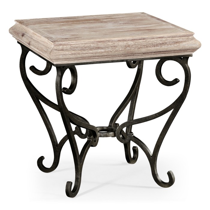 Limed Wood Square Side Table with Wrought Iron Base