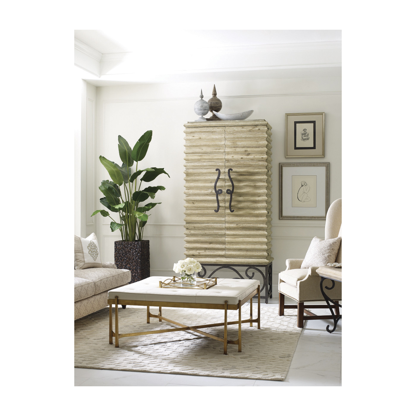 Limed Wood Square Side Table with Wrought Iron Base