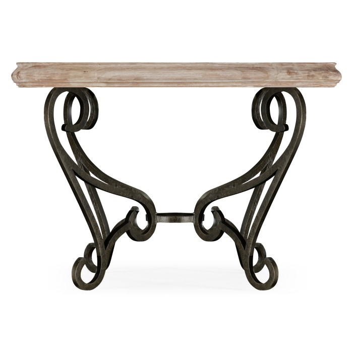 Limed Wood and Glass Top Centre Table with Wrought Iron Base