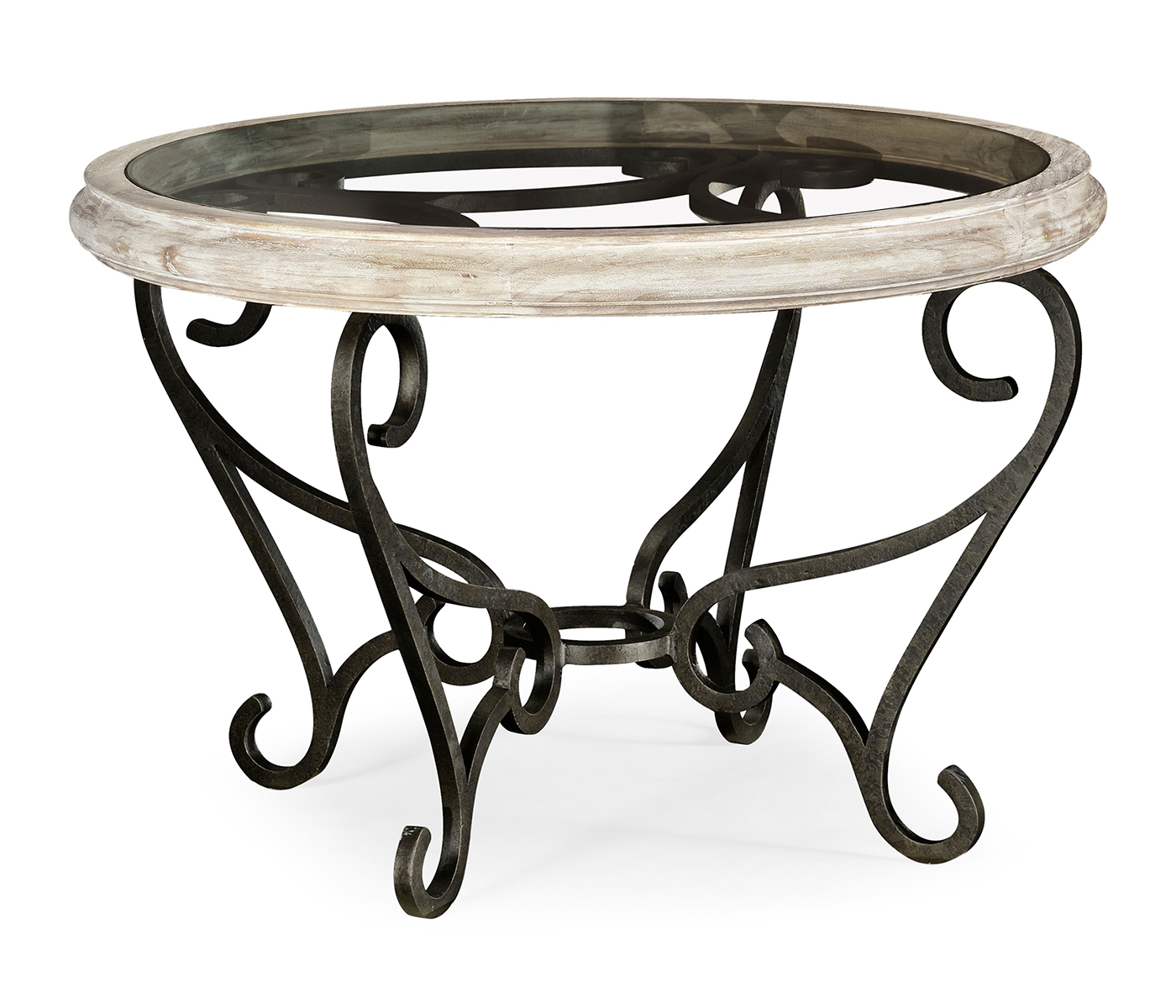 Limed Wood and Glass Top Centre Table with Wrought Iron Base