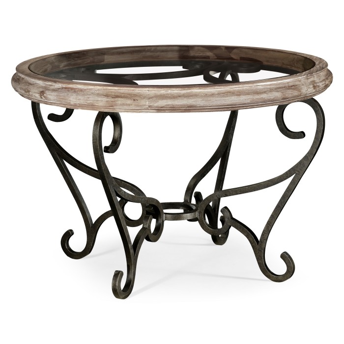 Limed Wood and Glass Top Centre Table with Wrought Iron Base