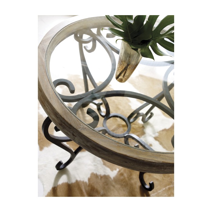 Limed Wood and Glass Top Centre Table with Wrought Iron Base