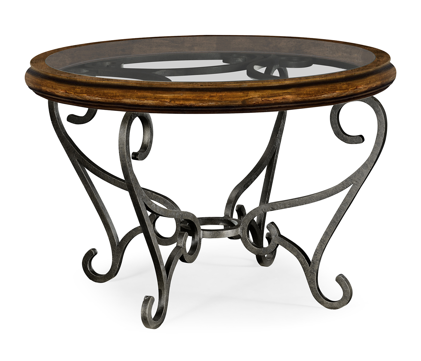 Rustic Walnut and Glass Top Centre Table with Wrought Iron Base