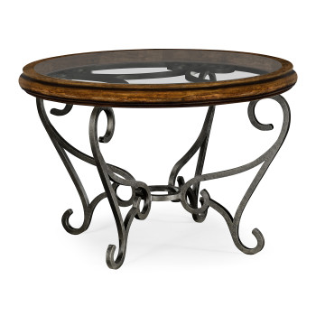 Rustic Walnut and Glass Top Centre Table with Wrought Iron Base