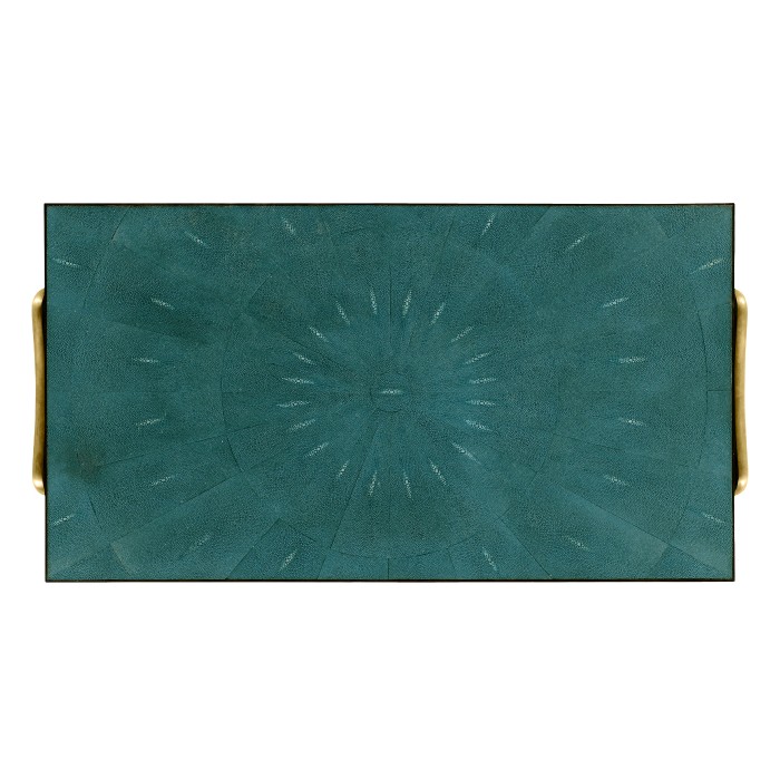 Teal Faux Shagreen and Brass Legged Coffee Table