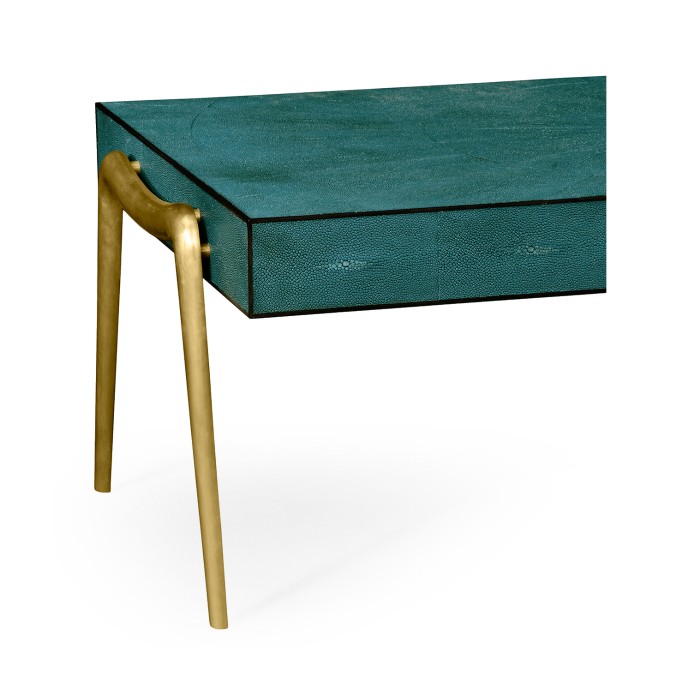 Teal Faux Shagreen and Brass Legged Coffee Table