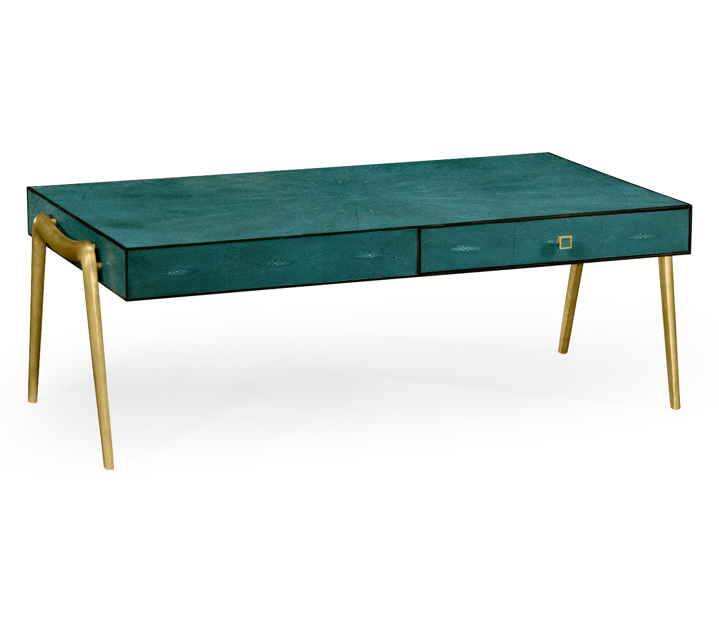 Teal Faux Shagreen and Brass Legged Coffee Table