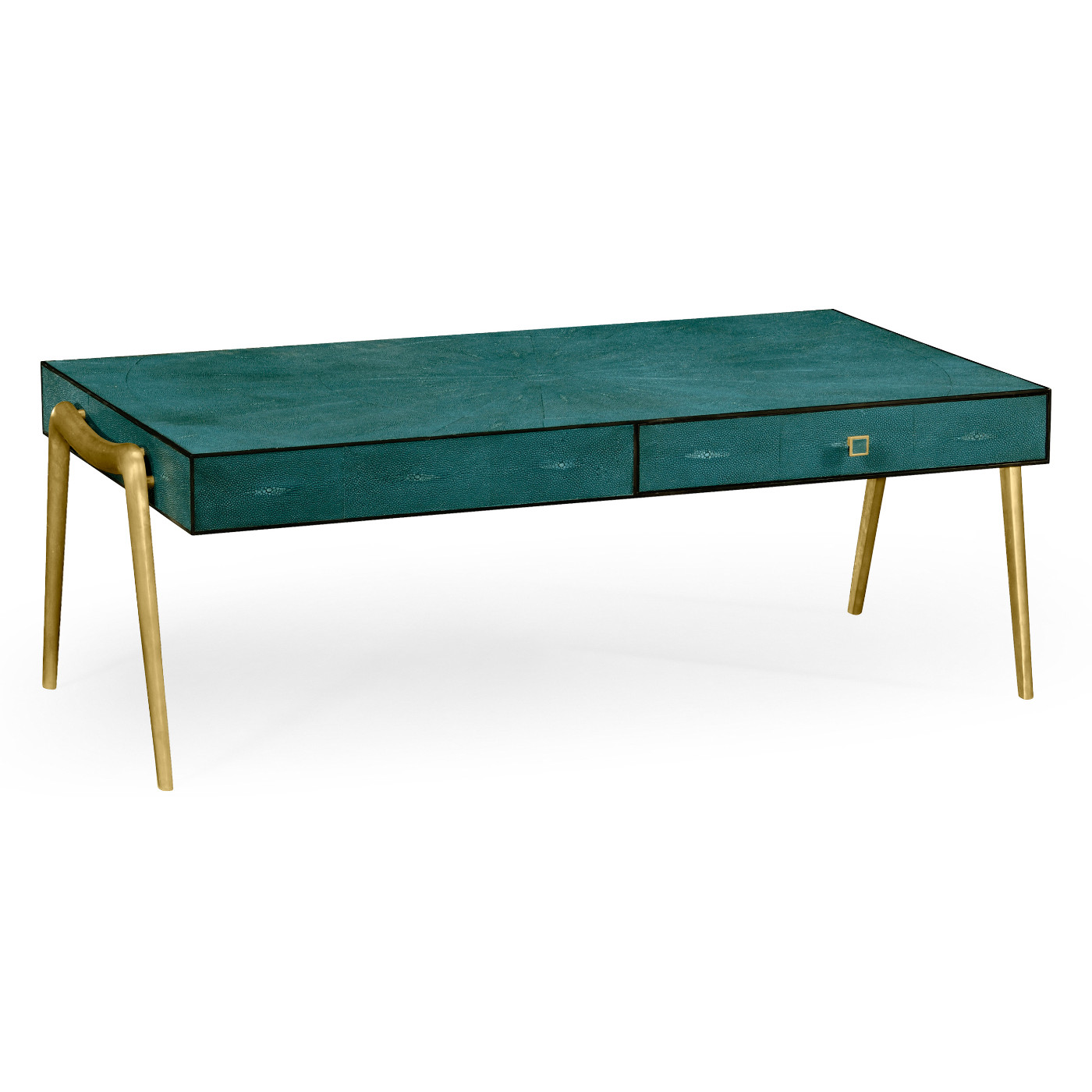 Teal Faux Shagreen and Brass Legged Coffee Table