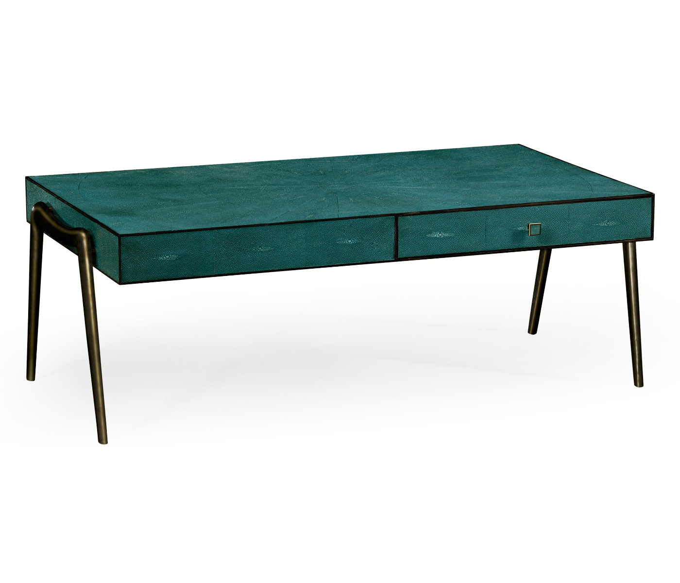 Teal Faux Shagreen and Bronze Legged Coffee Table