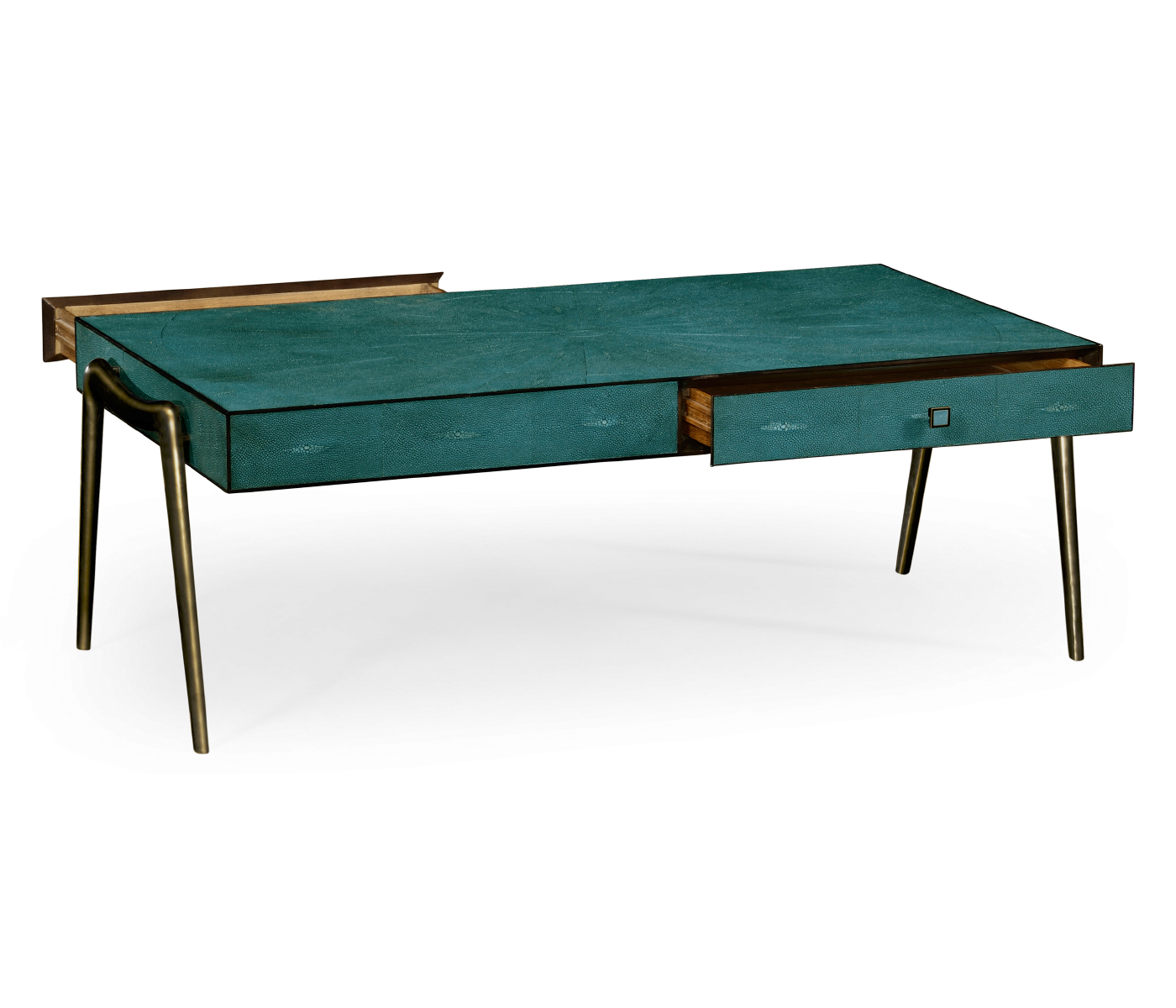 Teal Faux Shagreen and Bronze Legged Coffee Table
