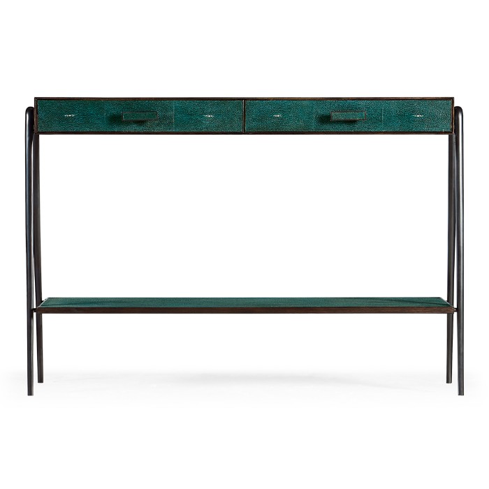 Teal Faux Shagreen and Bronze Legged Console