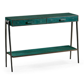 Teal Faux Shagreen and Bronze Legged Console