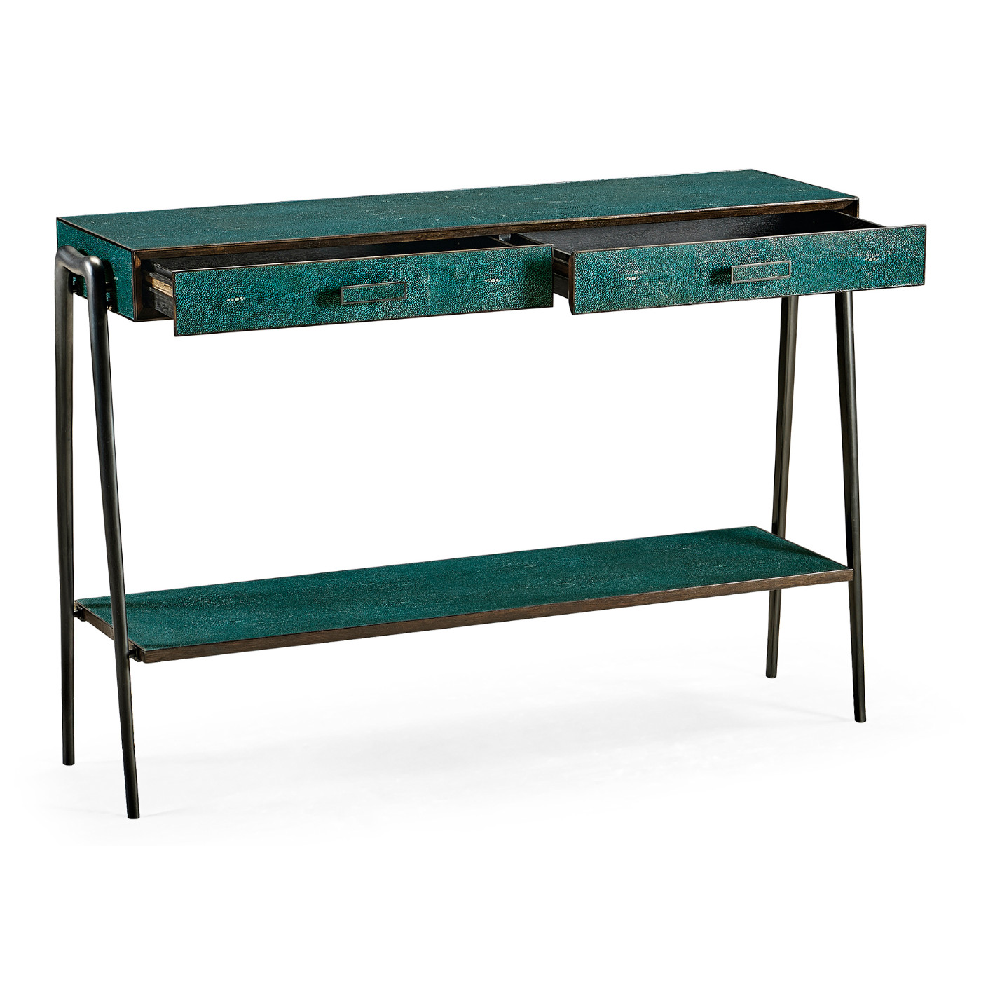 Teal Faux Shagreen and Bronze Legged Console