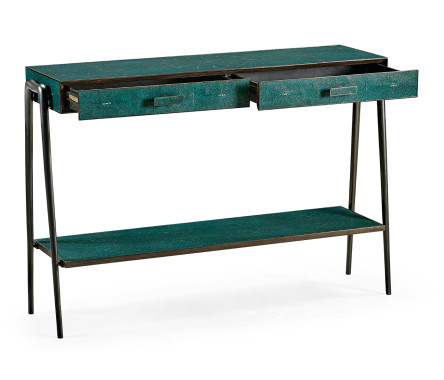 Teal Faux Shagreen and Bronze Legged Console
