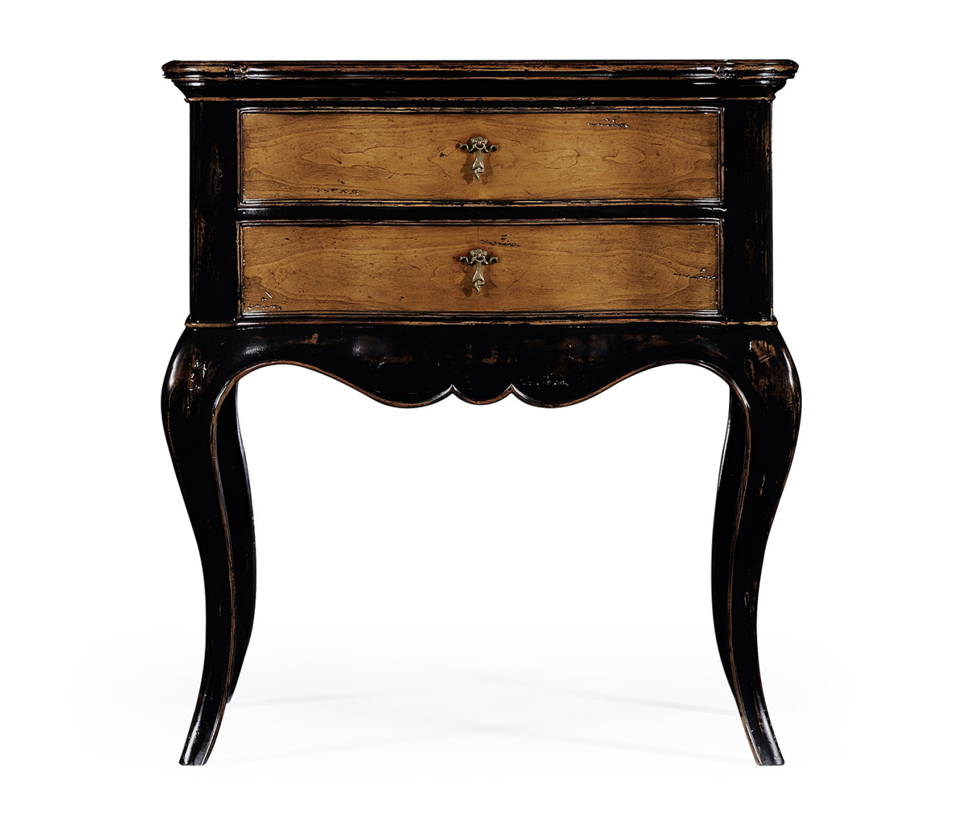 French style black painted and cherry bedside chest