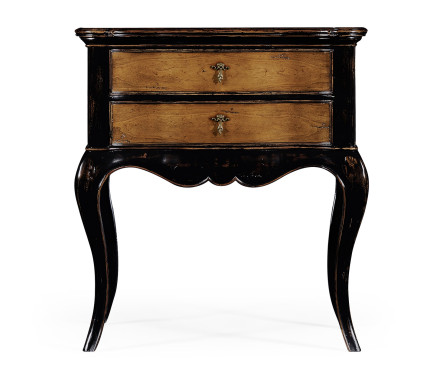 French style black painted and cherry bedside chest