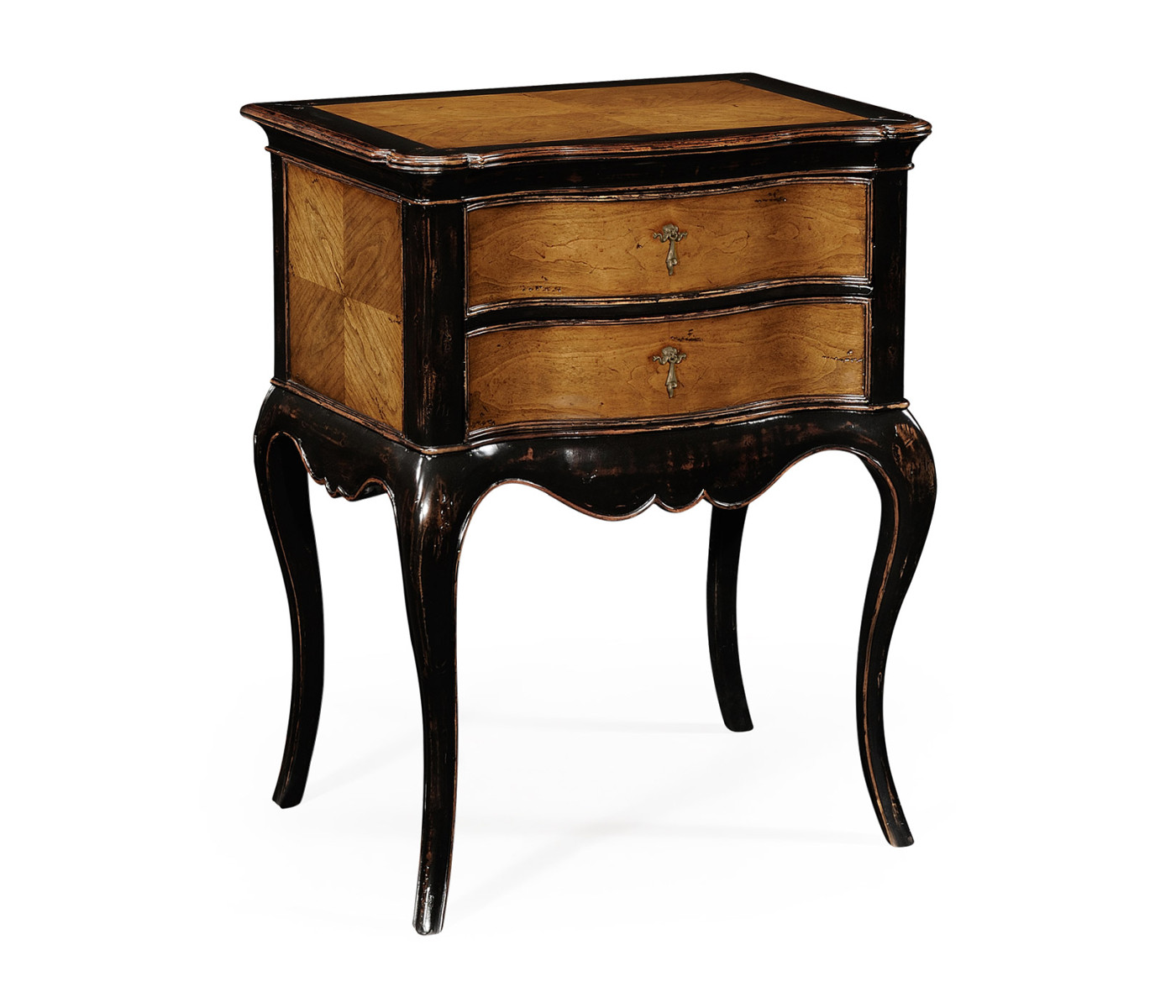 French style black painted and cherry bedside chest