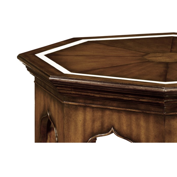 Octagon rustic walnut center table with bones inlay