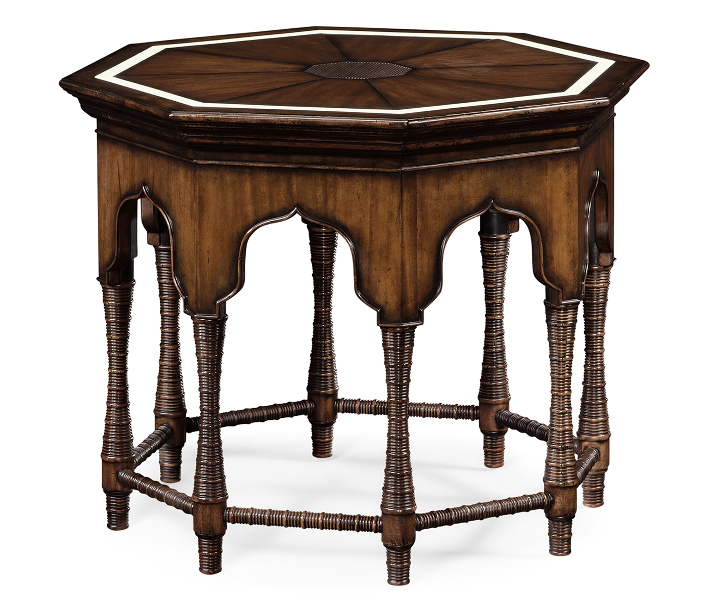 Octagon rustic walnut center table with bones inlay